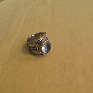 Vintage wide-band ring 925 India. Features large, bezel-set clear gemstone